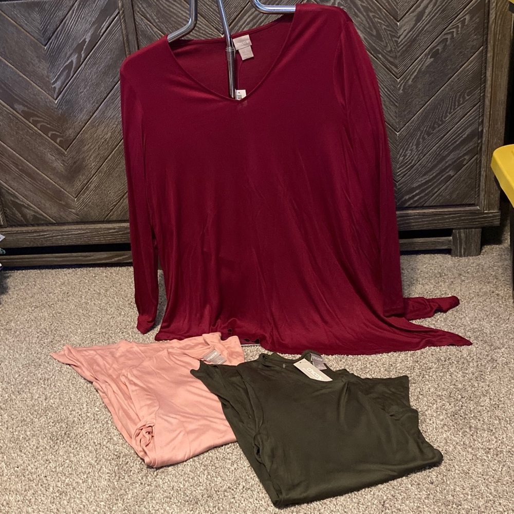 Chico's Montana Moss, Mulberry Red and pink asymmetrical hemTunic Knit Tops, NWT